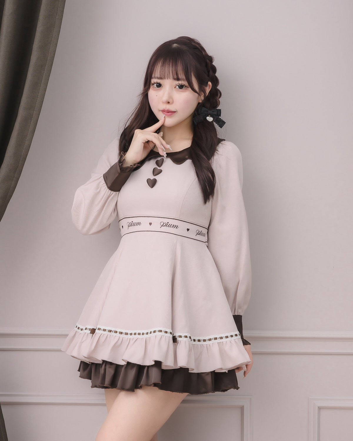 試着のみ　完売品MOON TREE PLANET R.P.O ホワイト×ブラウン melty chocolateフレアミニワンピース – pium