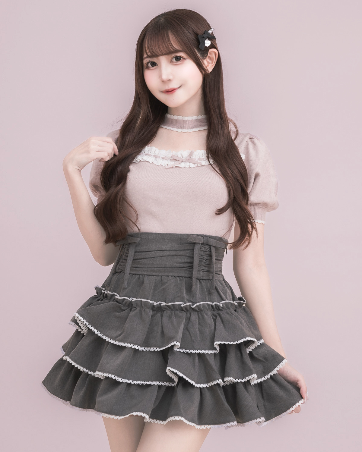 pium グレー フリルチョーカー付き長袖ニットトップス コットンフリルチョーカーニット – pium