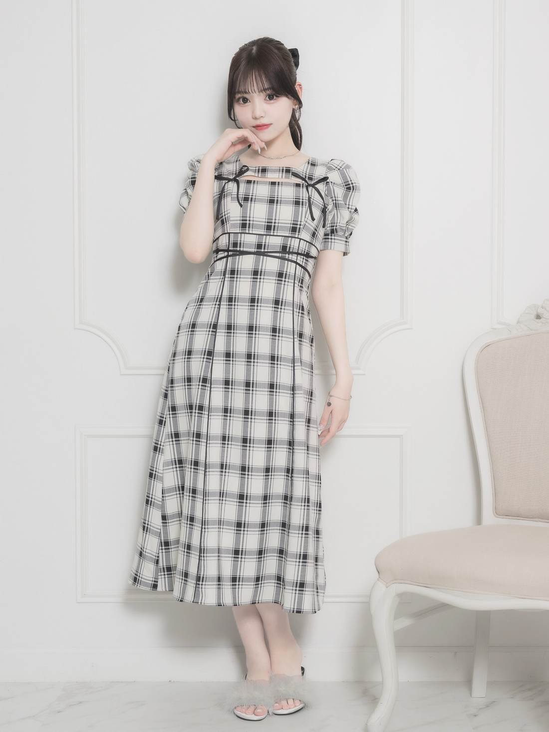 モデル身長：163cm/着用カラー:ホワイトチェック