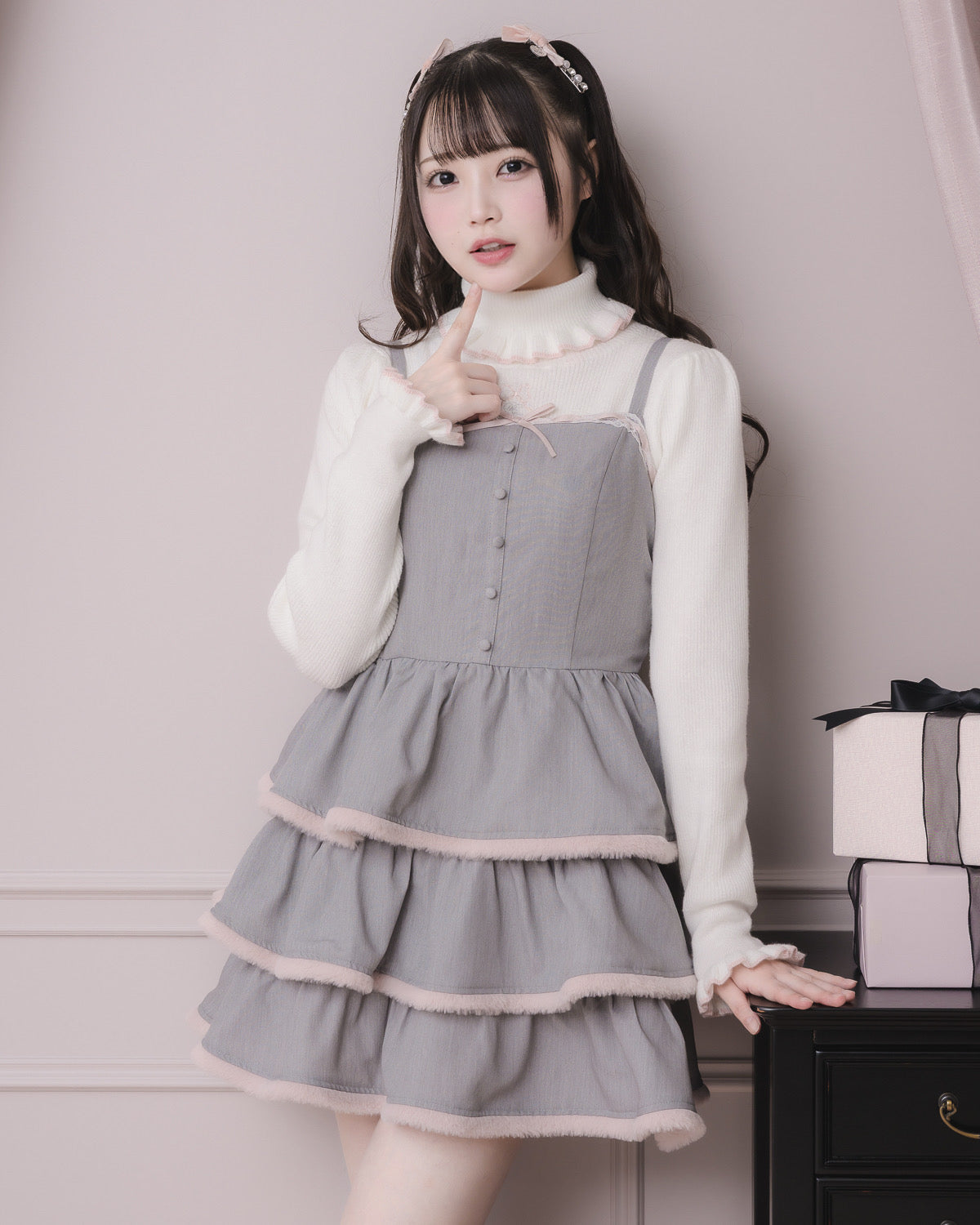 pium ぴうむ プチタートルフリルリブニットトップス ホワイト×ピンク