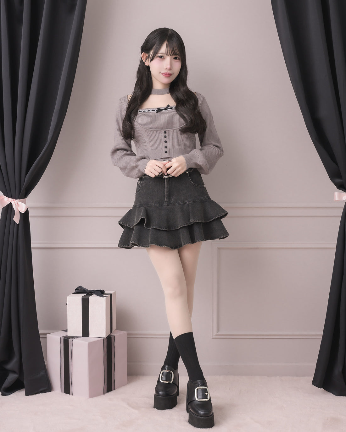 ベルト付きティアードデニムスカート