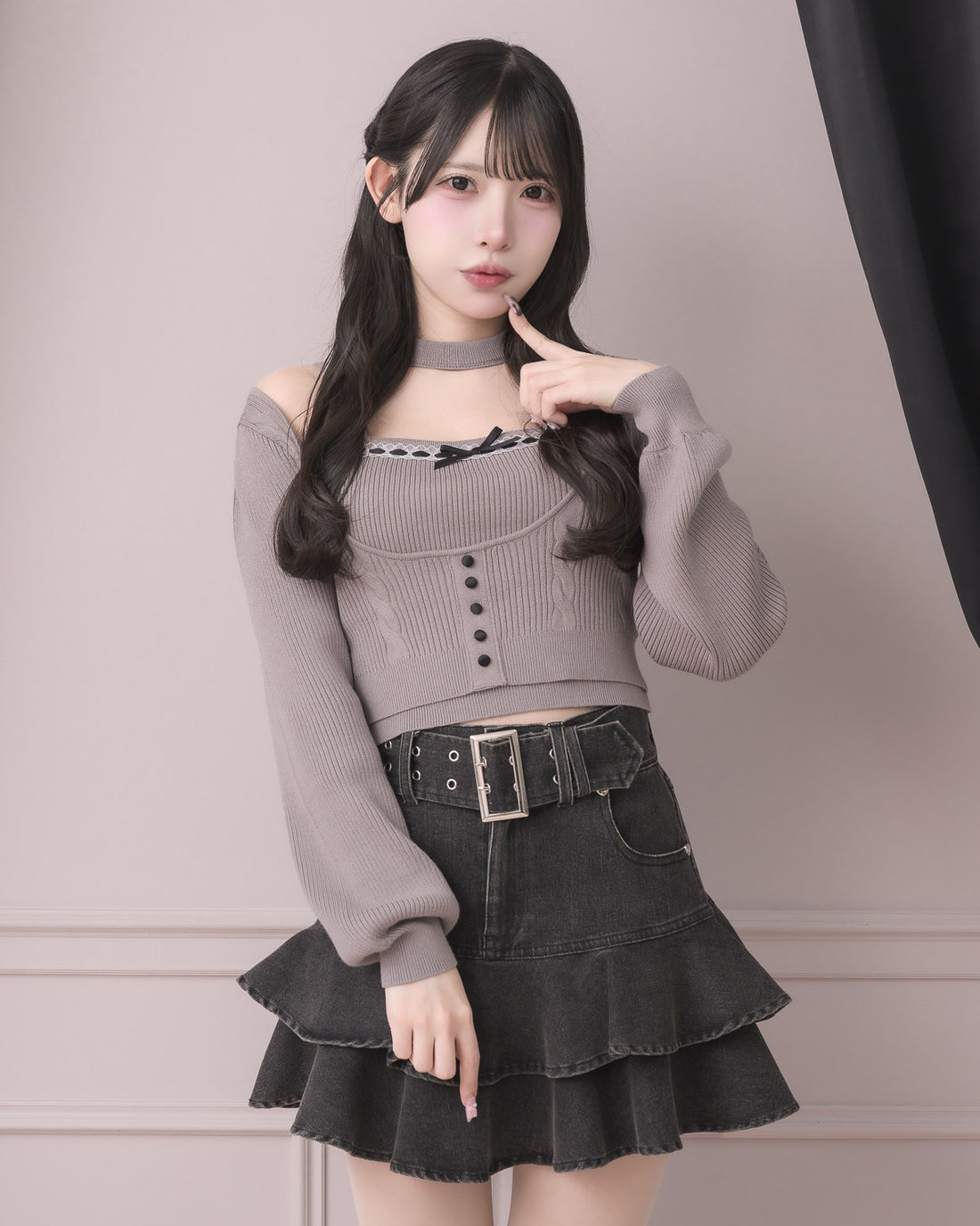 ベルト付きティアードデニムスカート