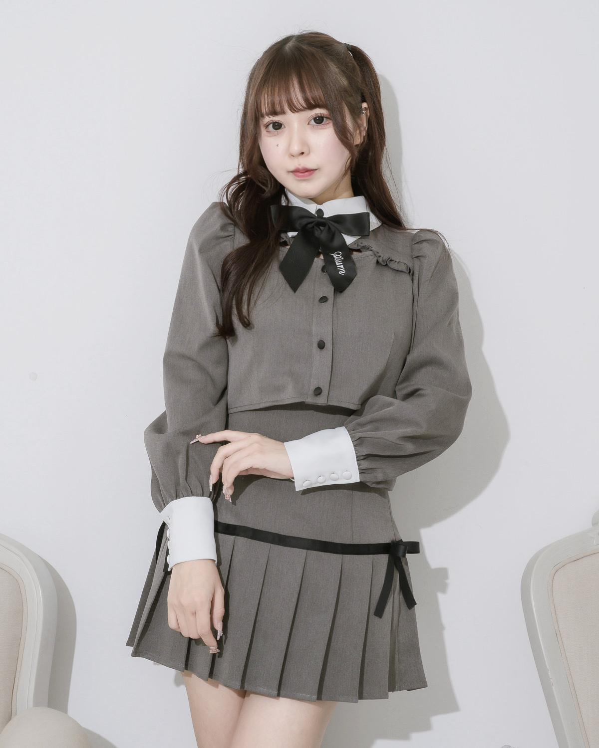 サイドリボンハイウエストプリーツスカート