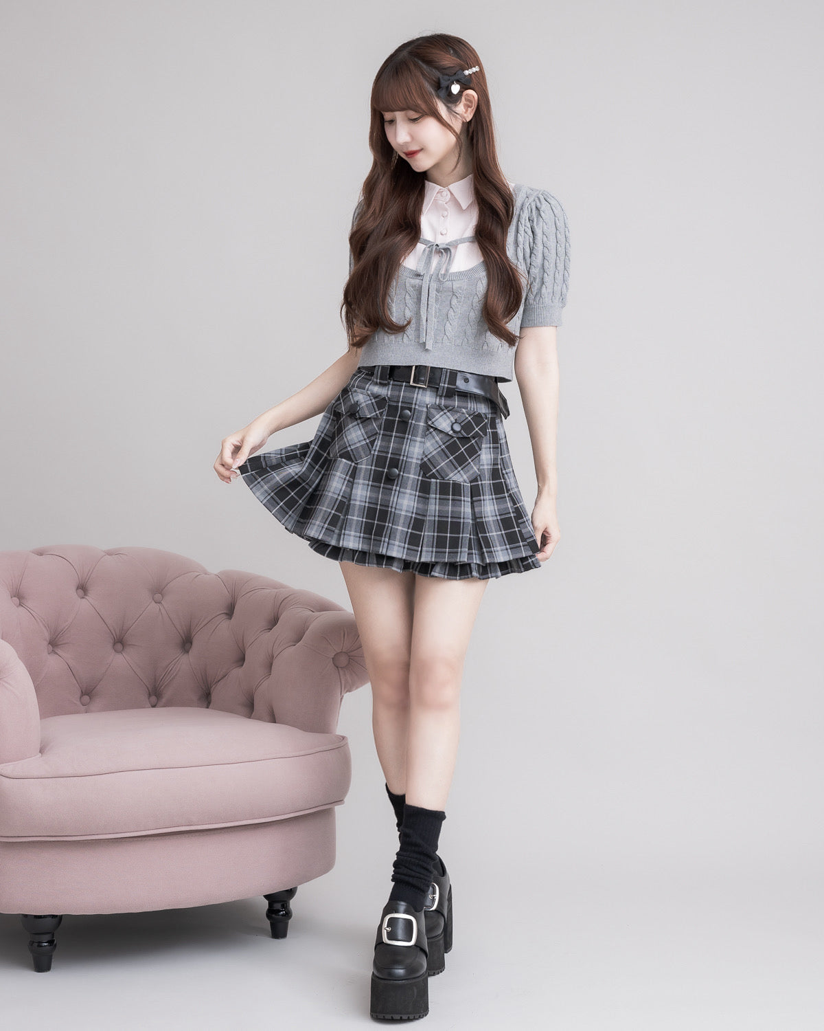 モデル身長:159cm/着用カラー:ブラックチェック