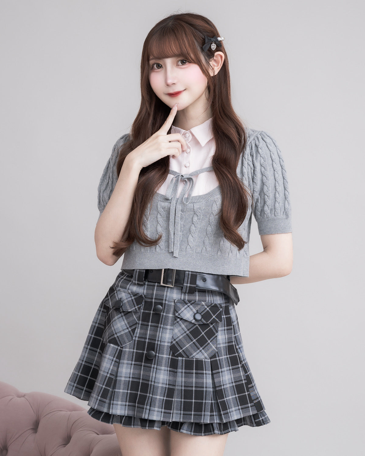 モデル身長：159cm/着用カラー:ブラックチェック