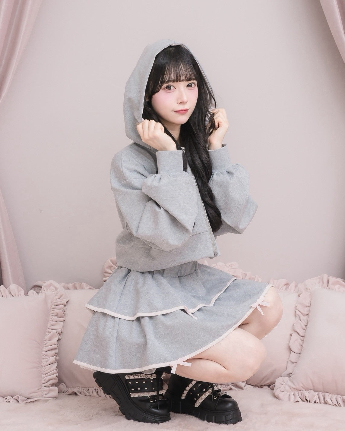 バイカラーティアードスカート×パーカーセット