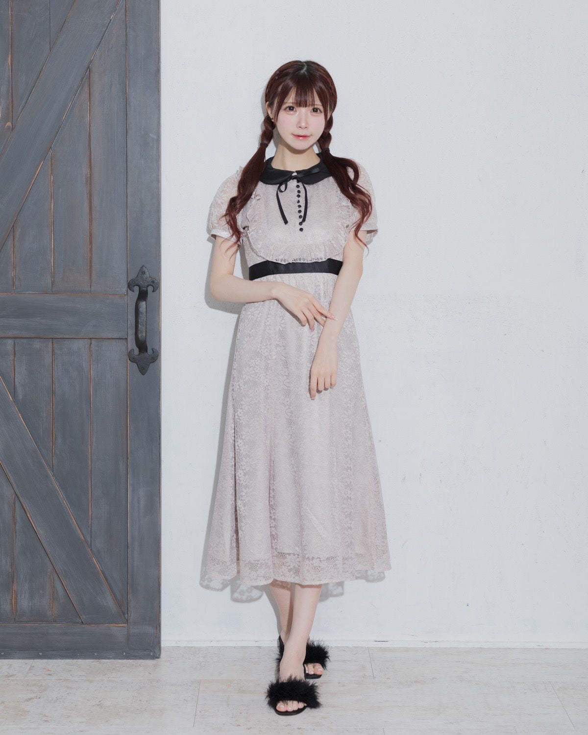 ラウンドフリル総レースロングワンピ