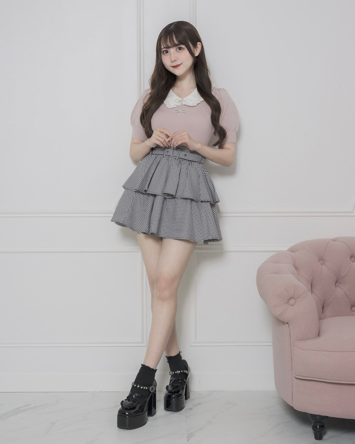 モデル身長:159cm/着用カラー:ブラックチェック