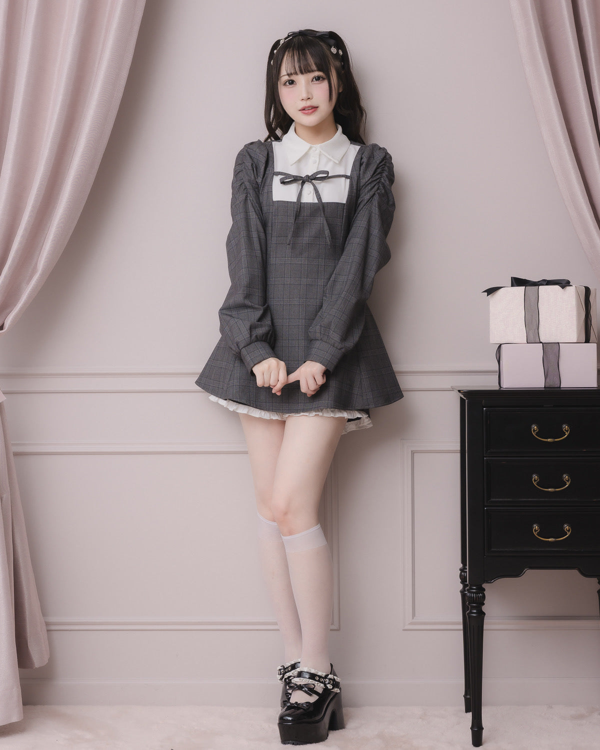 モデル身長：158cm/着用カラー:グレーチェック