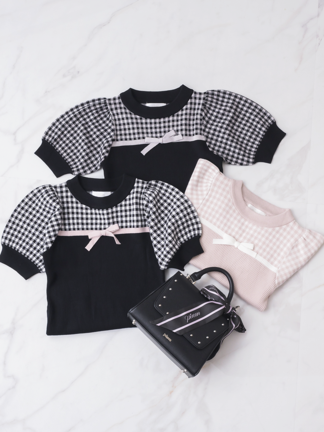 リボンテープギンガムニットトップス