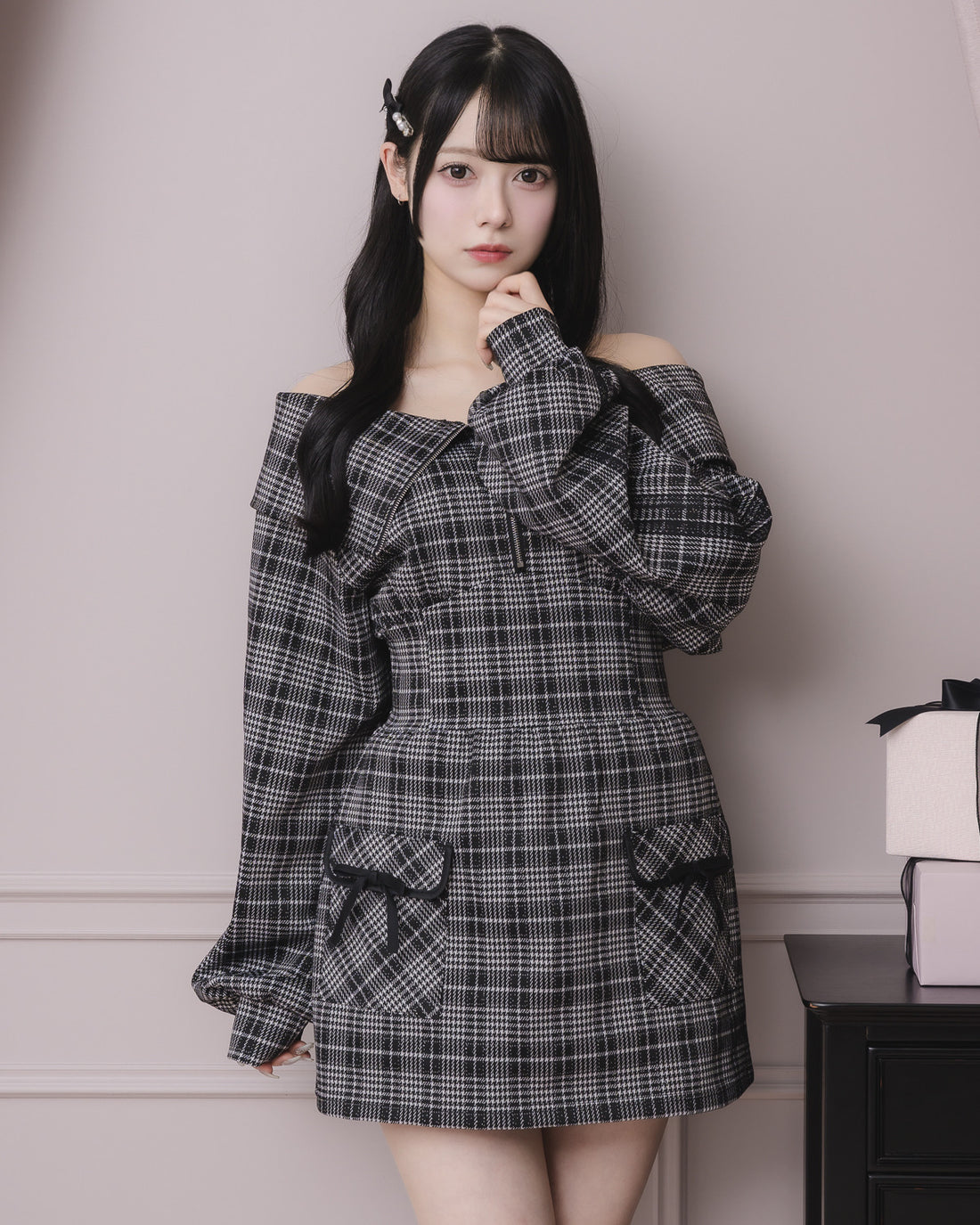 モデル身長：155cm/着用カラー:ブラックチェック