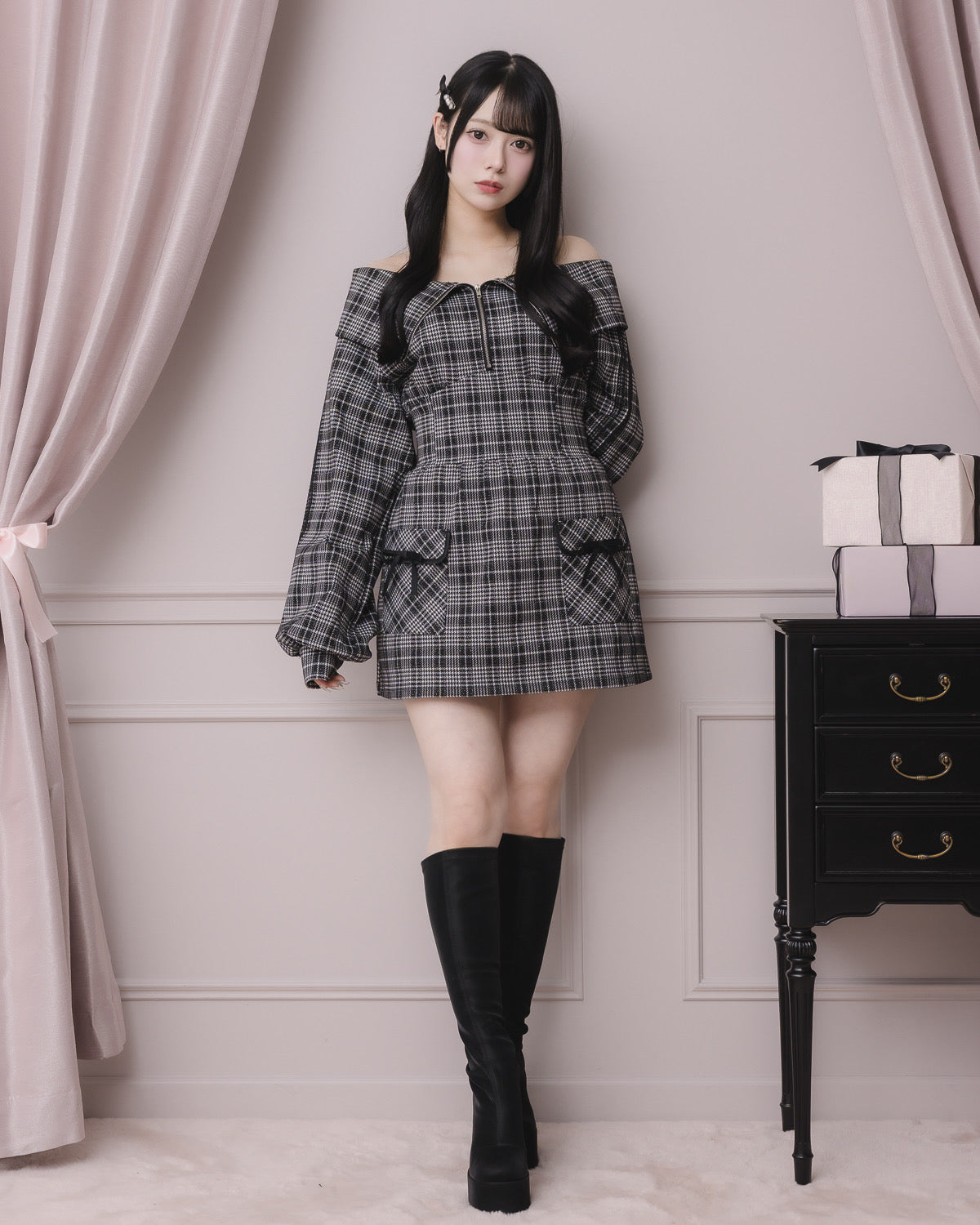 piumoブラックチェックワンピース piumoブラックチェックワンピース piumoブラックチェックワンピース