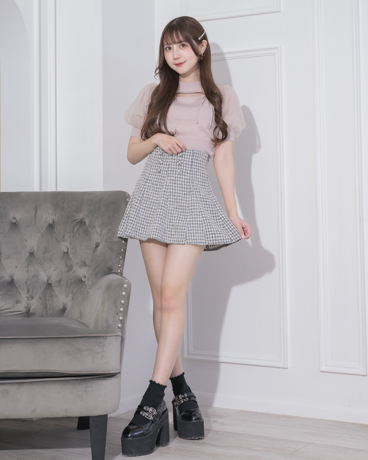 フロントボタンツイードフレアスカパン