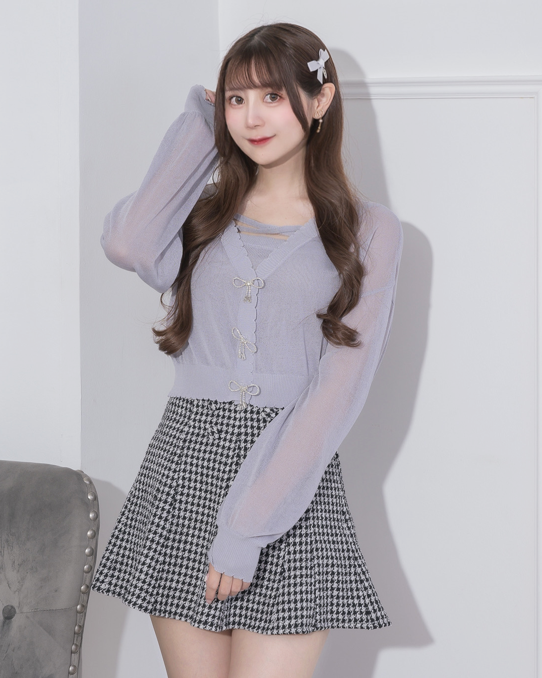 ビジューリボンシアーニットカーデセット