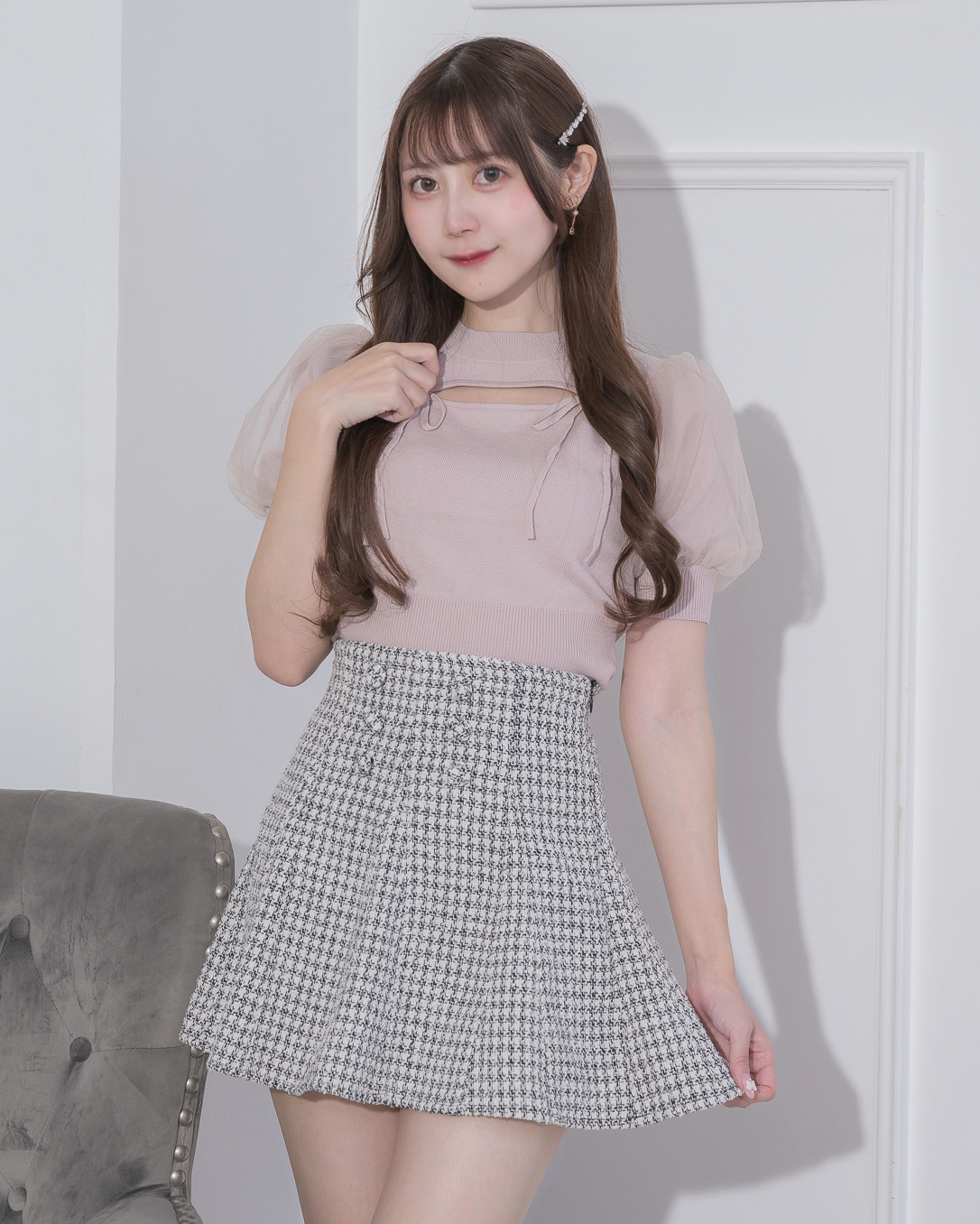 フロントボタンツイードフレアスカパン