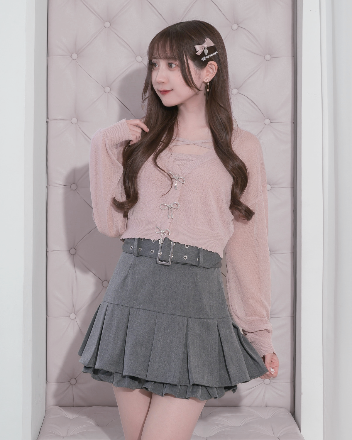 ビジューリボンシアーニットカーデセット