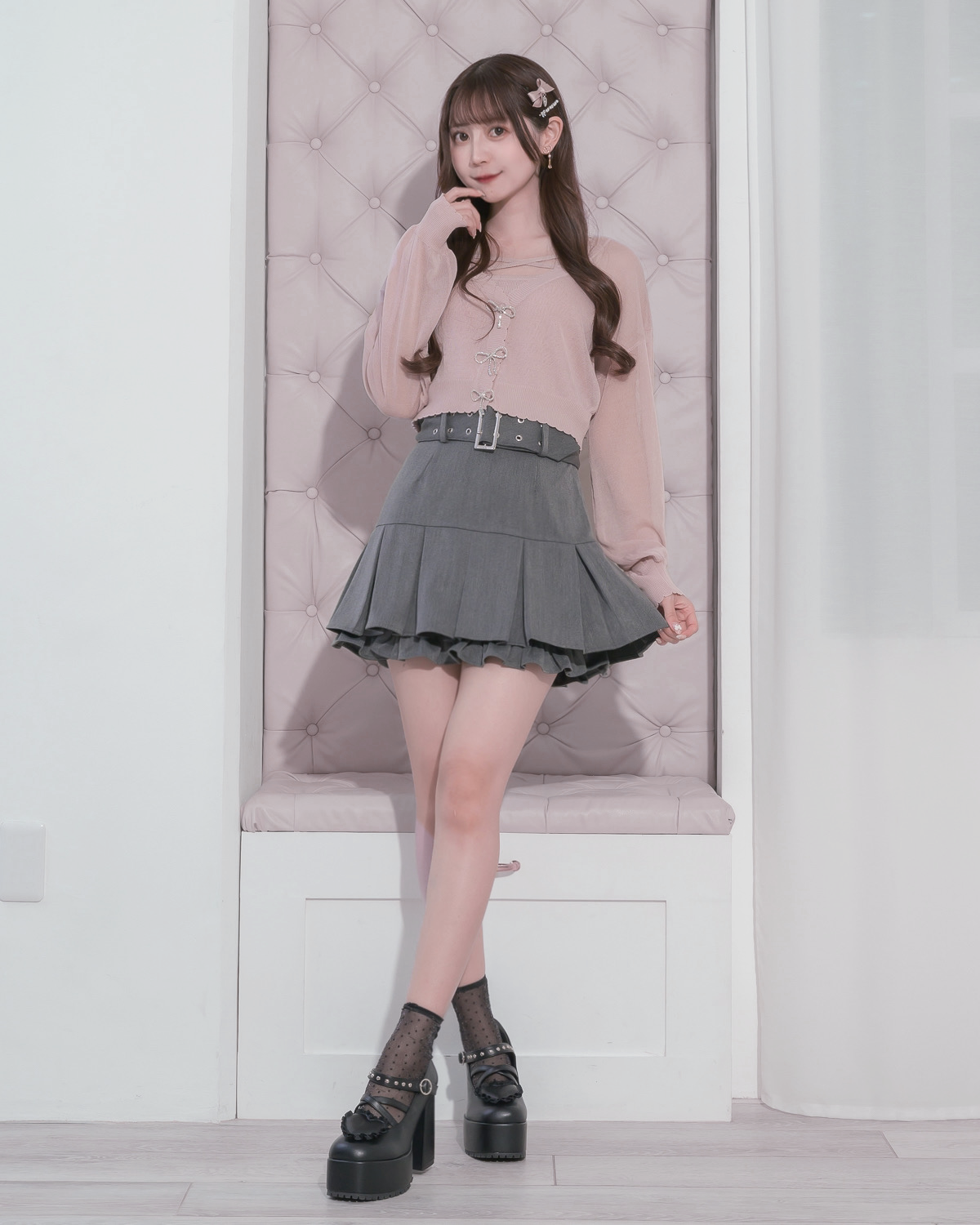 ビジューリボンシアーニットカーデセット