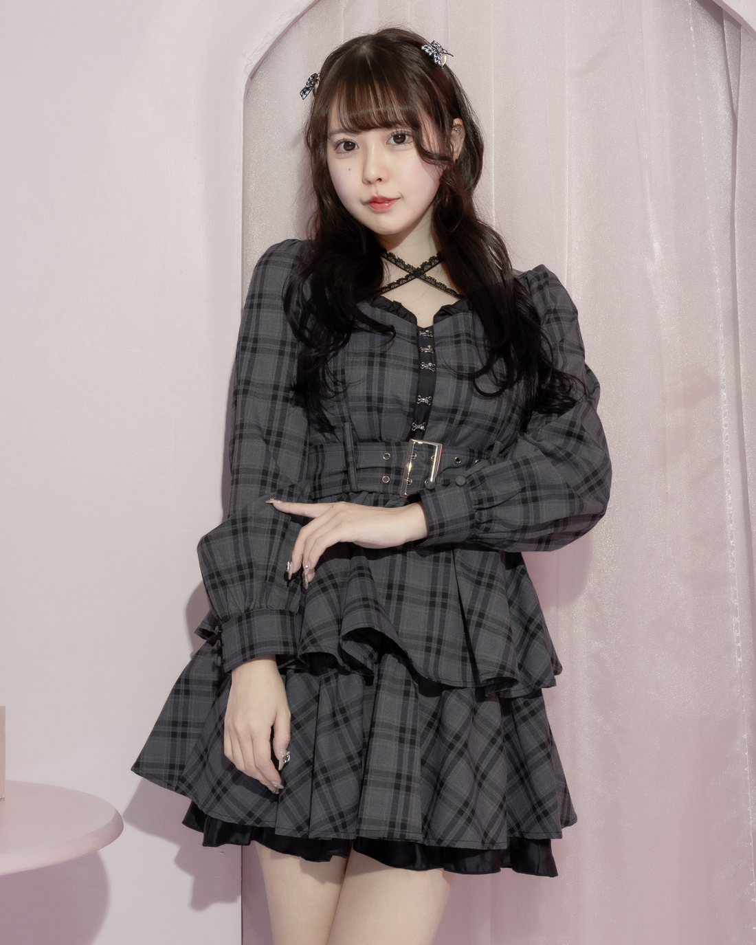 Pium クロスベルト半袖ティアードミニワンピース ネイビー Pium クロスベルト半袖ティアードミニワンピース ネイビー