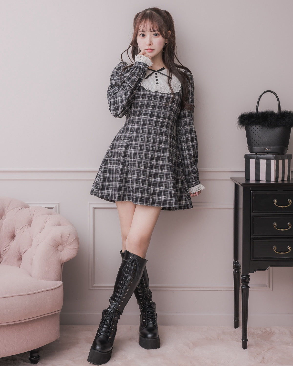 コットンレース長袖カフェワンピース