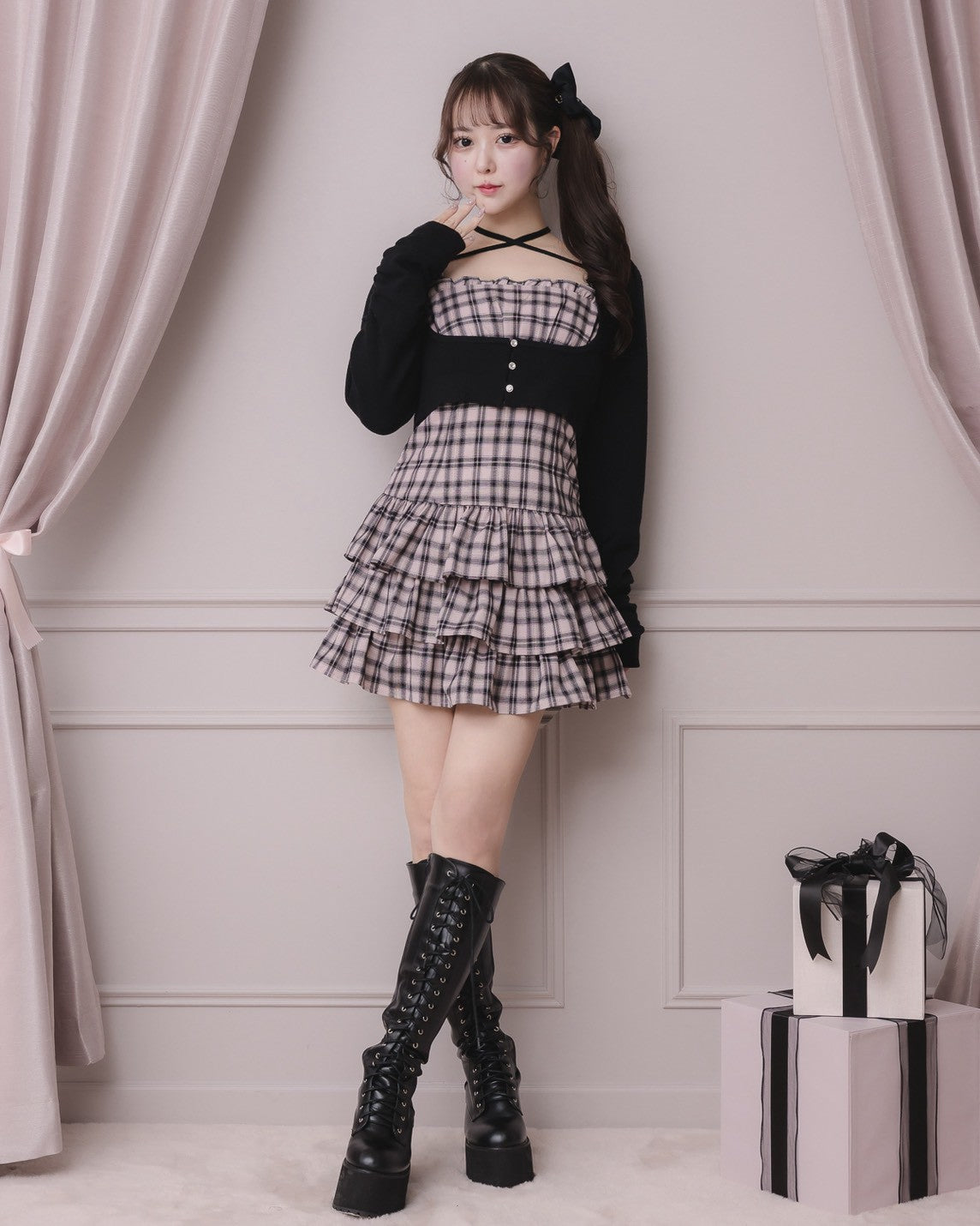 ビジューカーデ×チェックワンピセット – pium