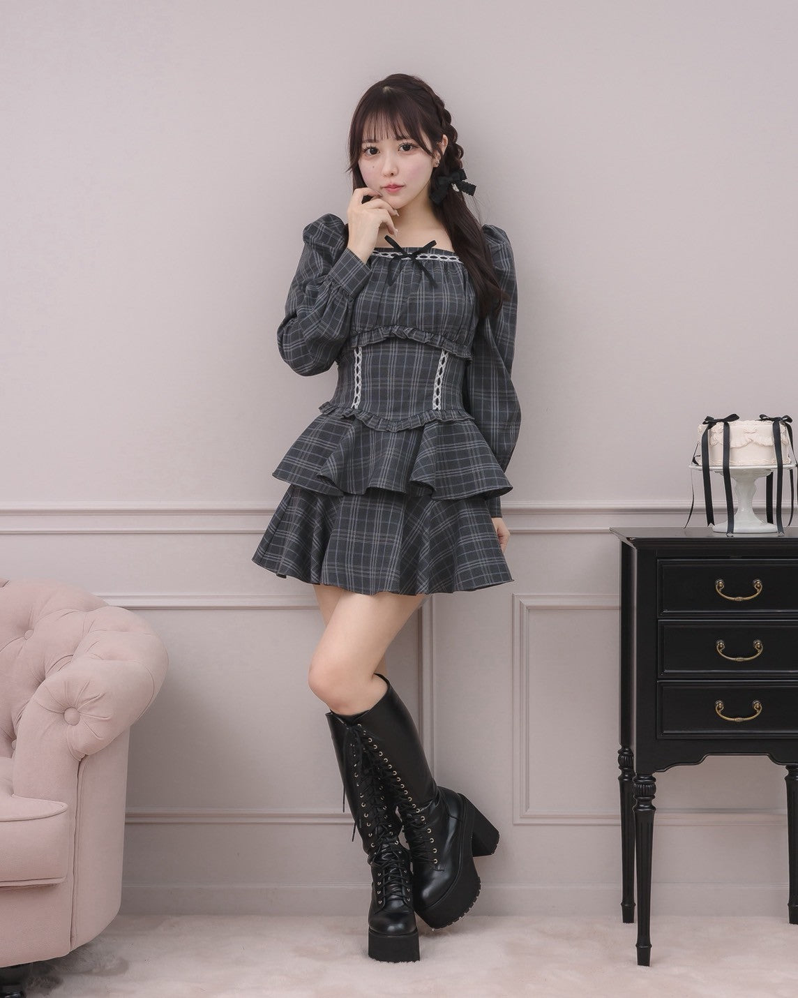 モデル身長：157m/着用カラー：グレーチェック