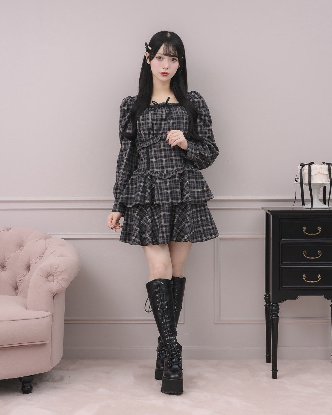 モデル身長：155m/着用カラー：ブラックチェック