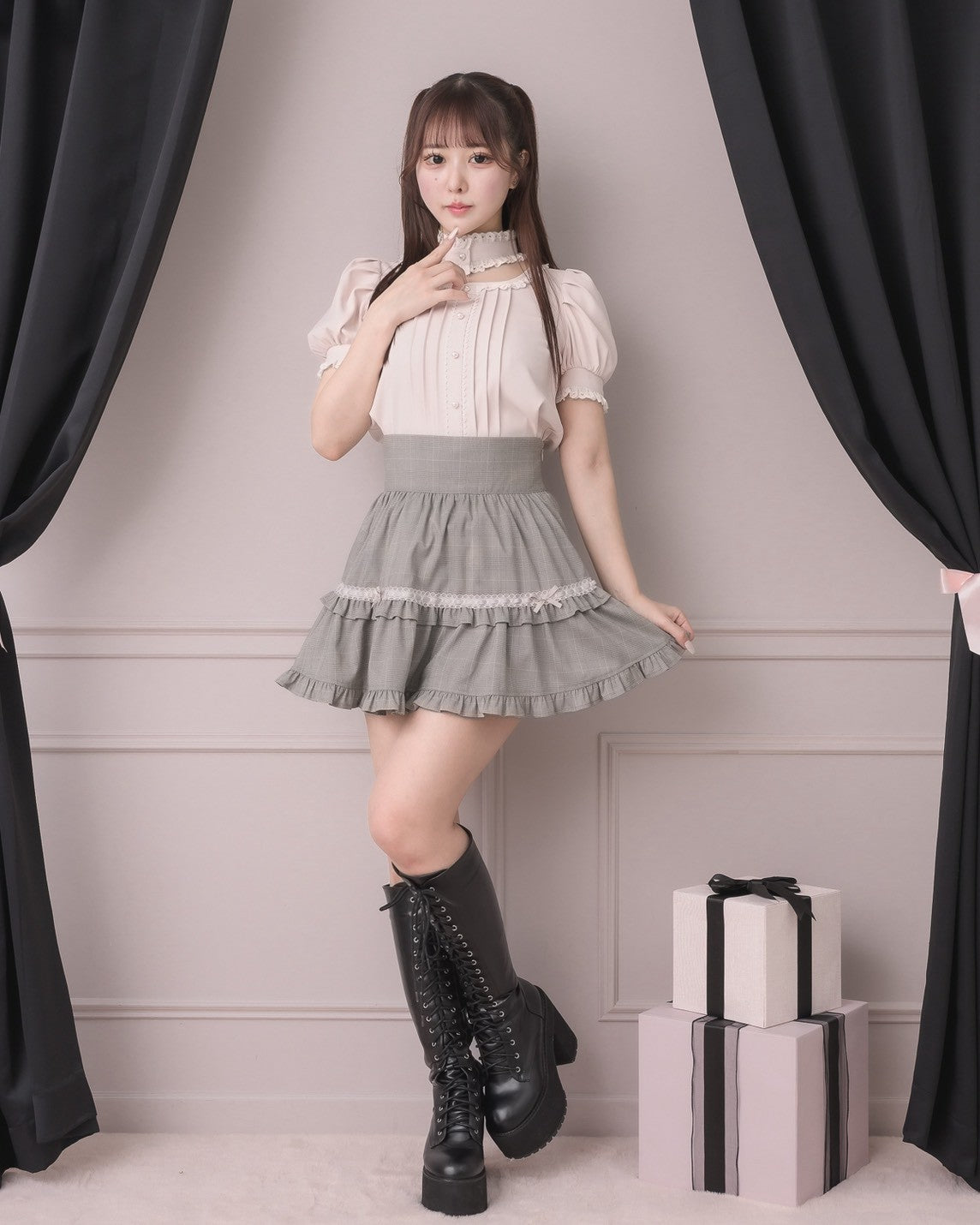 モデル身長：157cm/着用カラー:グレーチェック