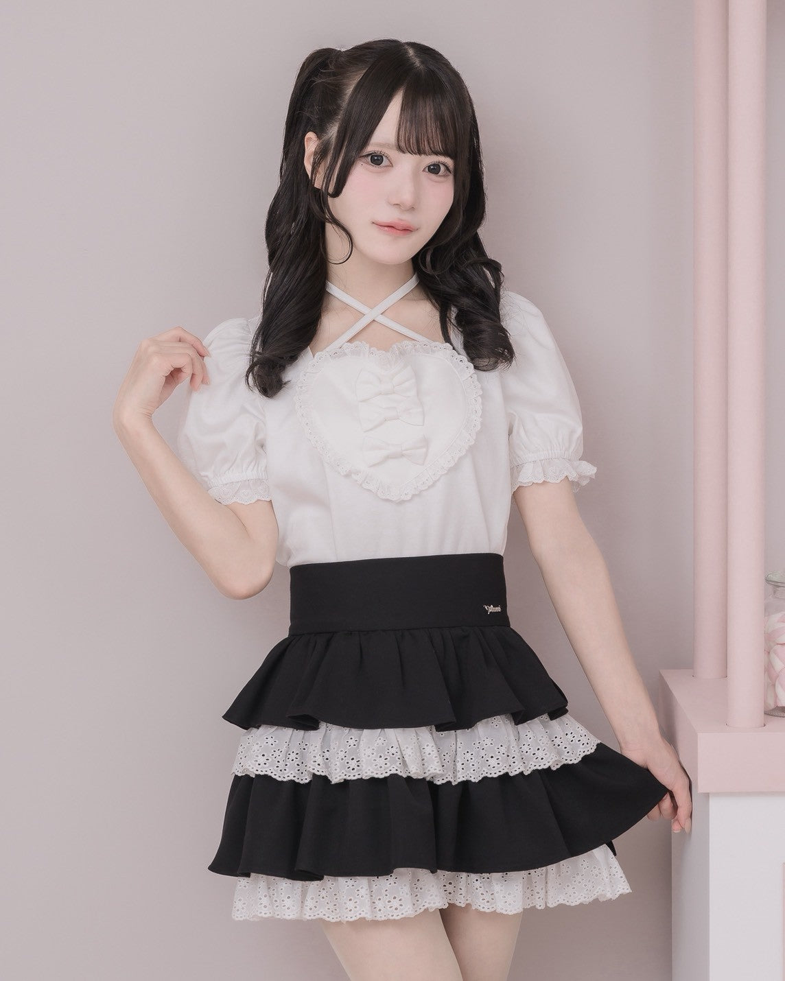 pium　ハートリボンパフスリーブTシャツ　ブラウス　ホワイト ハートリボンパフスリーブTシャツ – pium