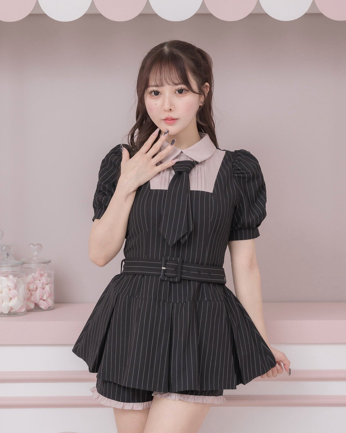 5点セット✨ セットアップ ダブル ピンズ ネクタイシャツ 黒 ピンク 成人式 ネクタイ付きプリーツ半袖セットアップ – pium