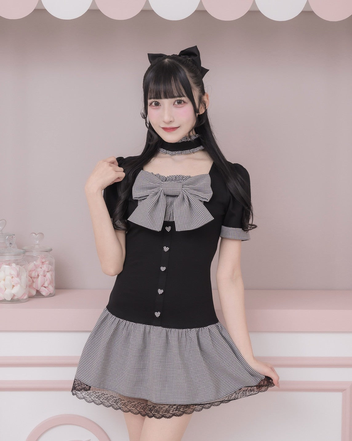 モデル身長：157cm/着用カラー:ブラック×ギンガム