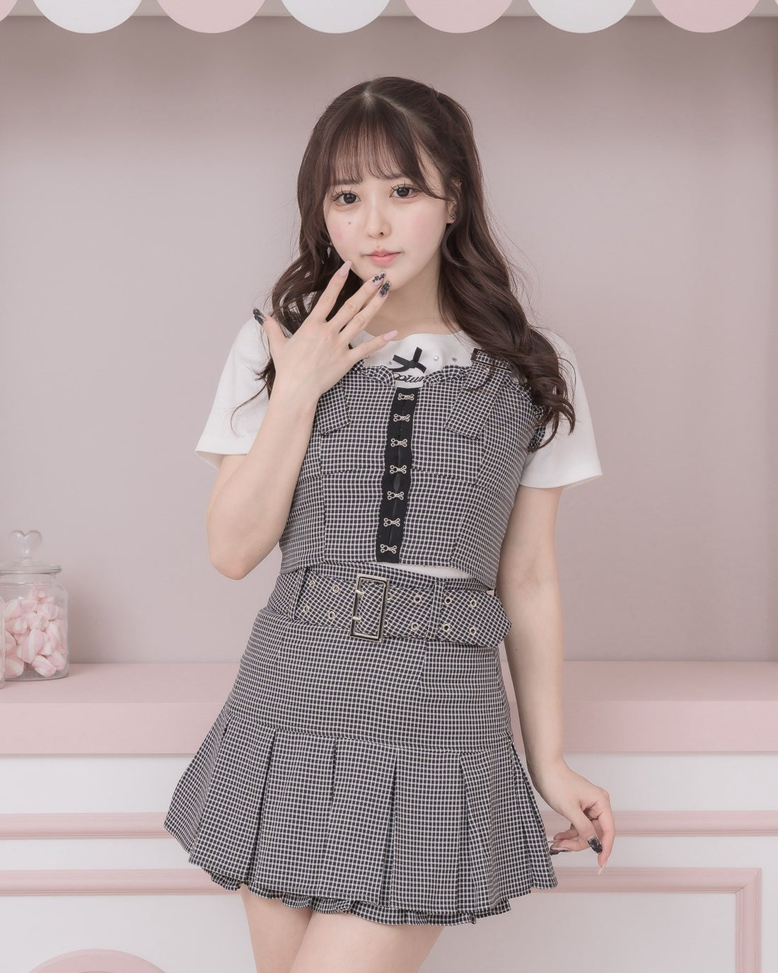 モデル身長：157cm/着用カラー：ブラックチェック