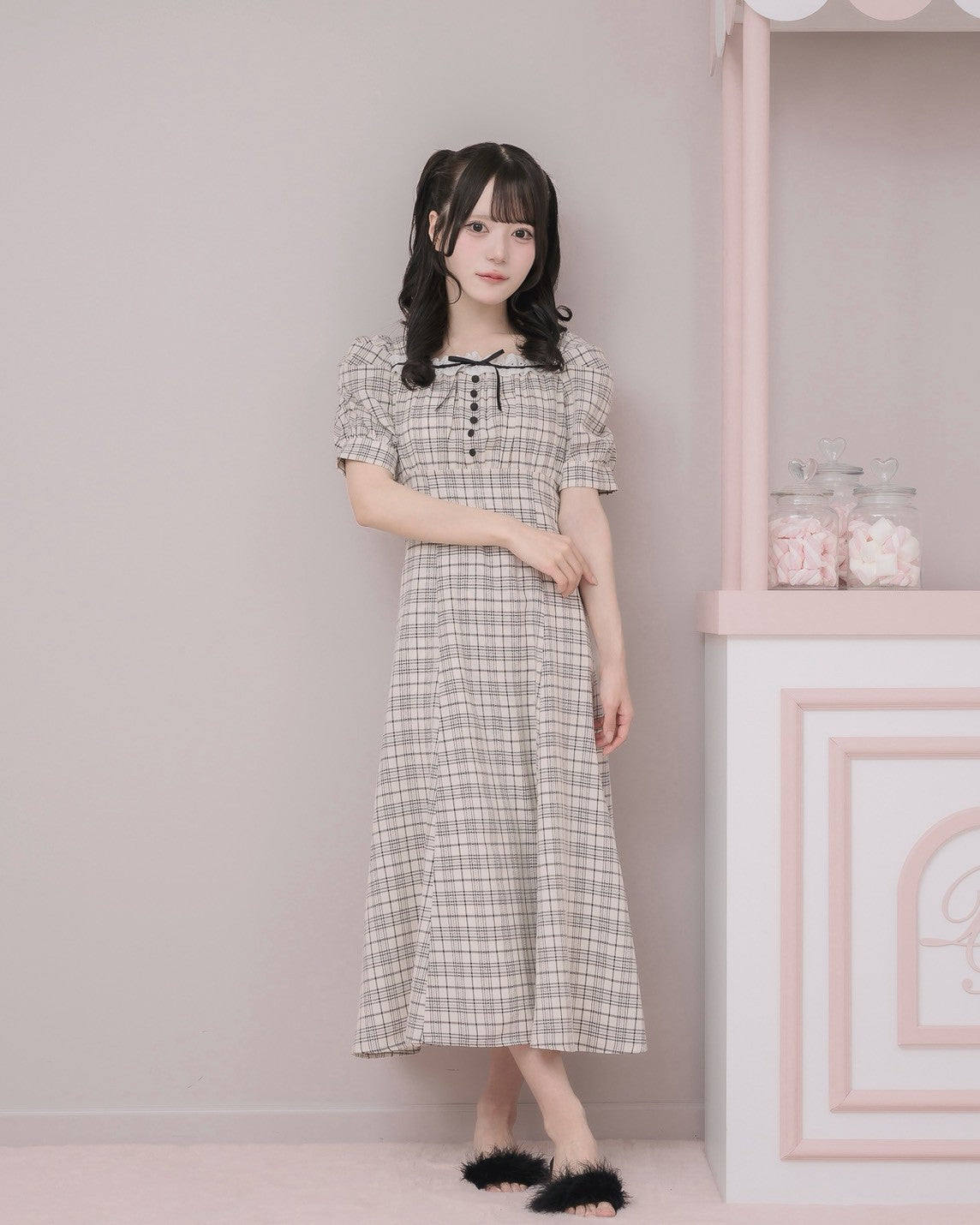 モデル身長：160cm/着用カラー:アイボリーチェック