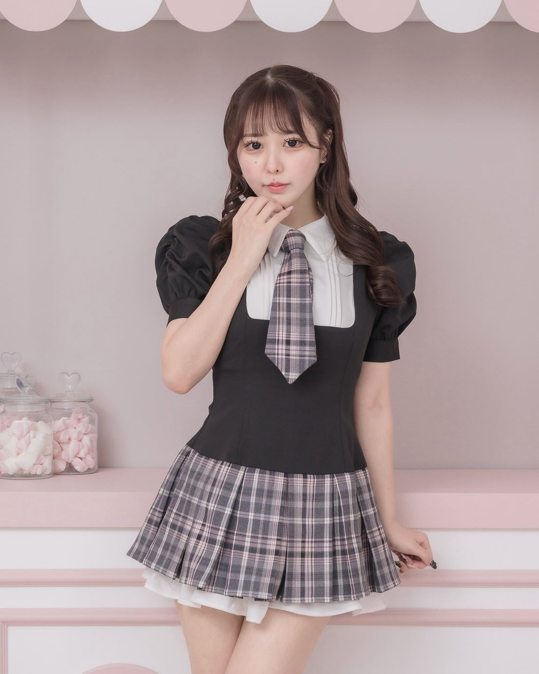 モデル身長：157cm/着用カラー:ブラック×グレーチェック
