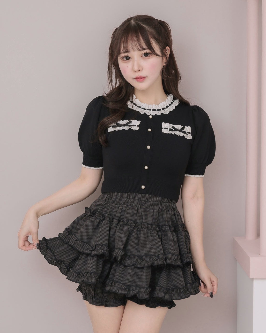 モデル身長：157cm/着用カラー:グレーギンガム