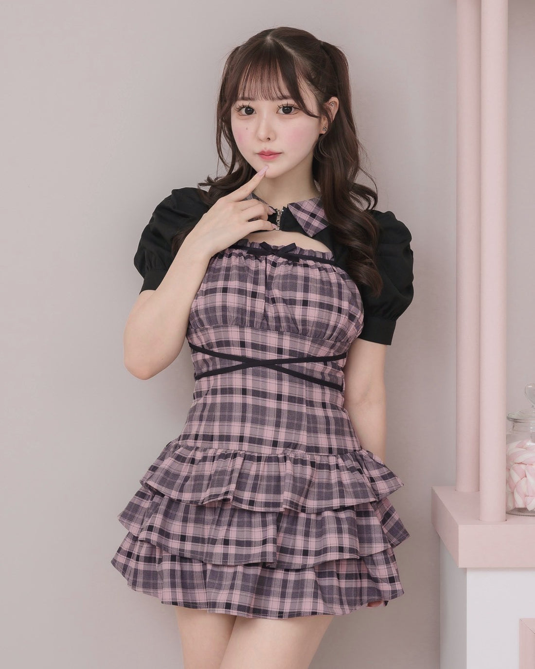 モデル身長：157cm/着用カラー：ピンクチェック