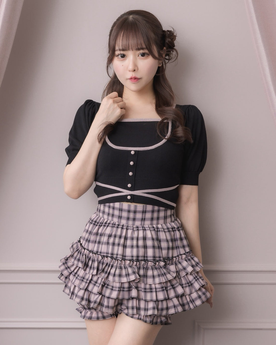 モデル身長：157cm/着用カラー:ピンクチェック