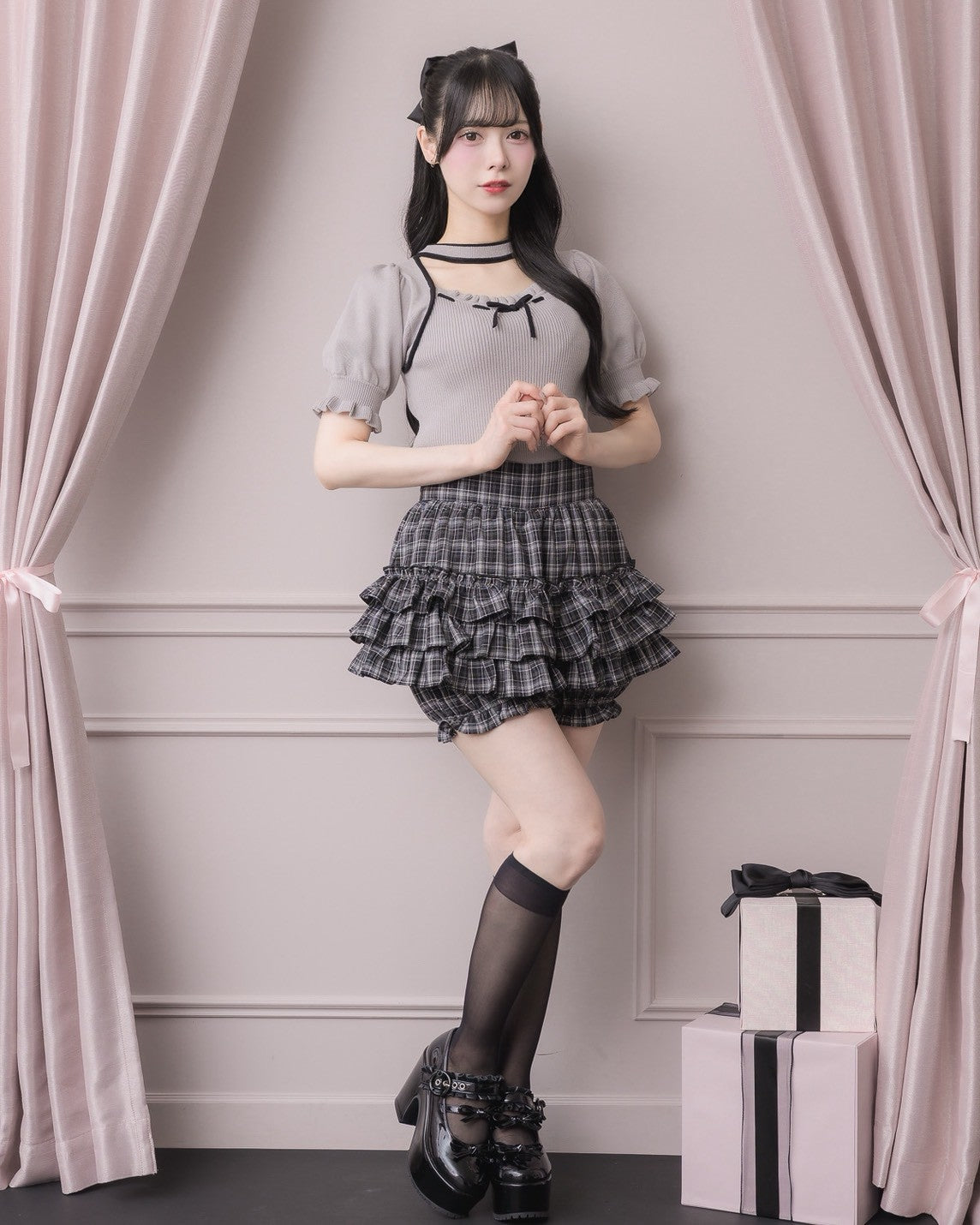 モデル身長：155cm/着用カラー:ブラックチェック