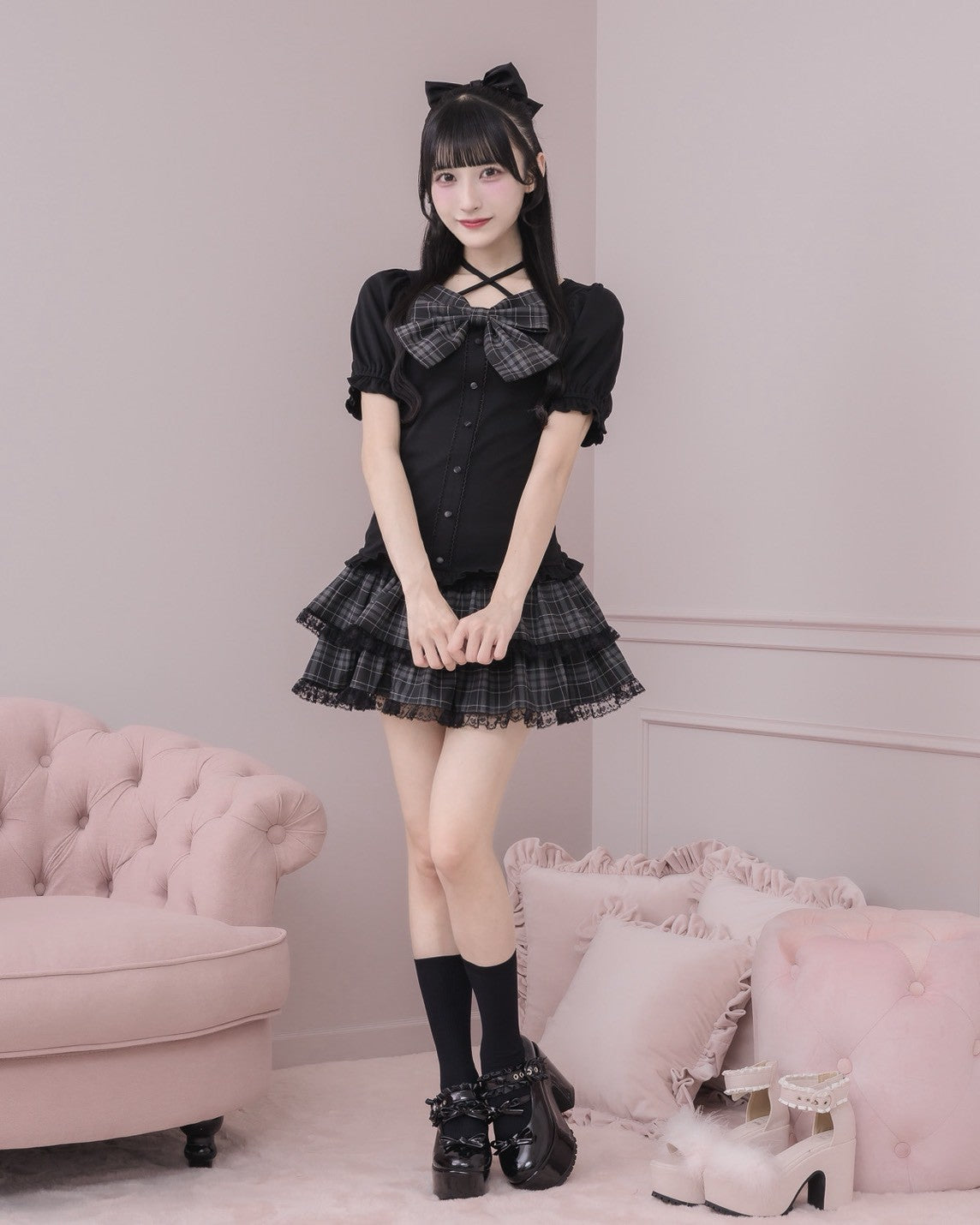 レース付きティアードフリルミニスカート – pium