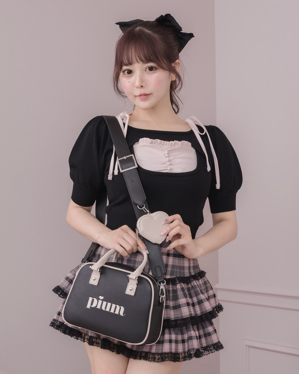 ハートポーチ付きバイカラーミニボストンバッグ – pium