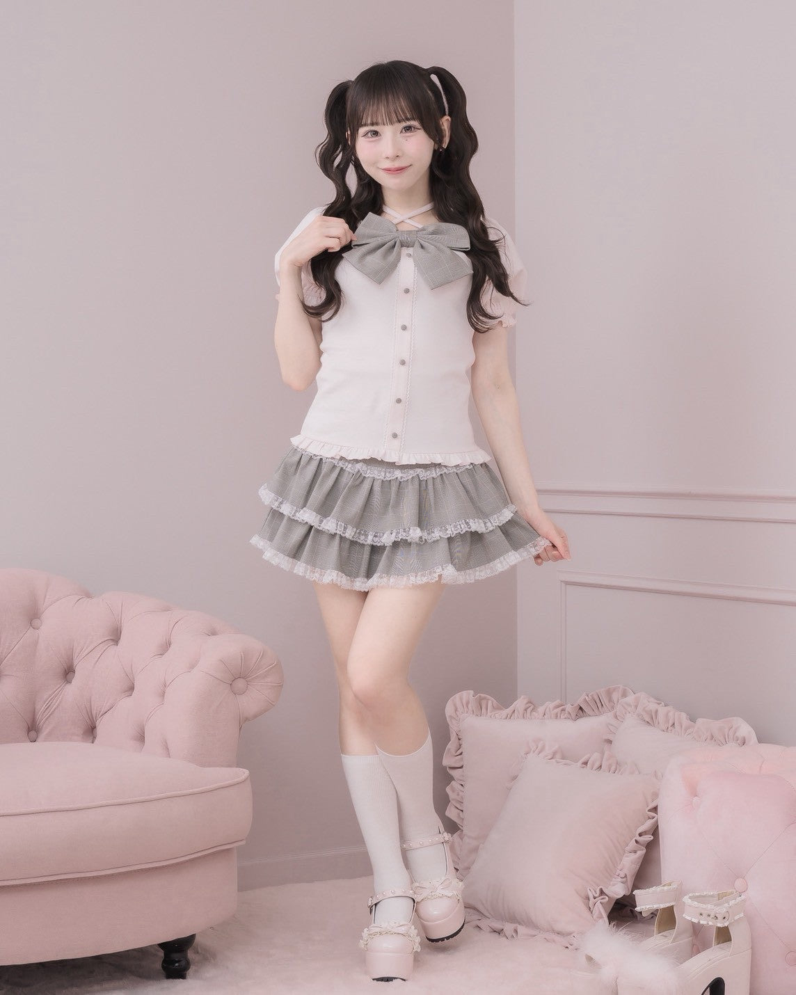 レース付きティアードフリルミニスカート – pium