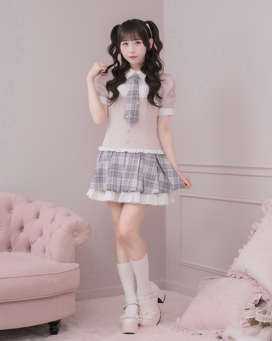ネクタイ付きレイヤードミニワンピース – pium