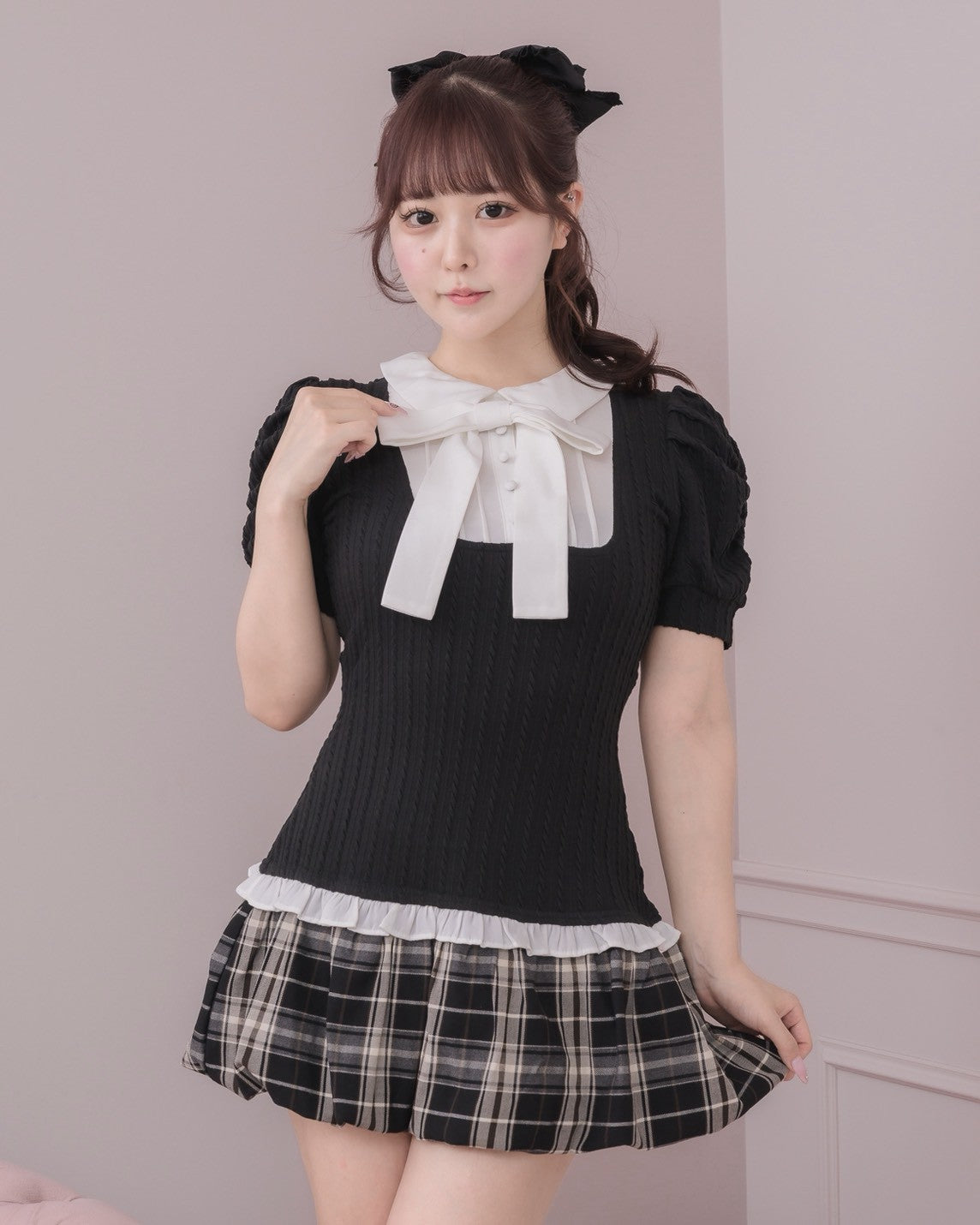 Pium ネクタイ付きレイヤードミニワンピース ケーブルカットバルーンミニワンピース – pium
