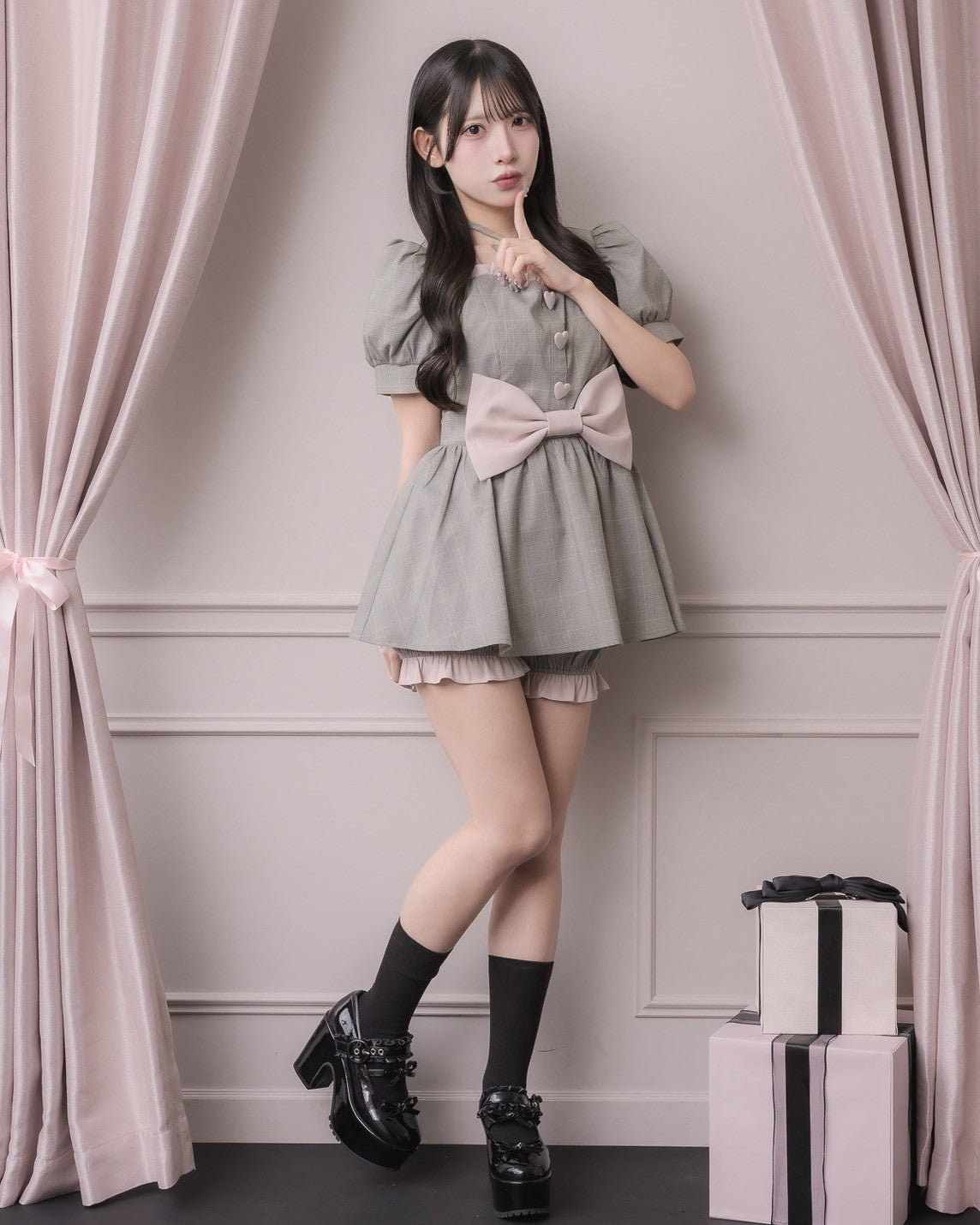 モデル身長：152cm/着用カラー:グレーチェック