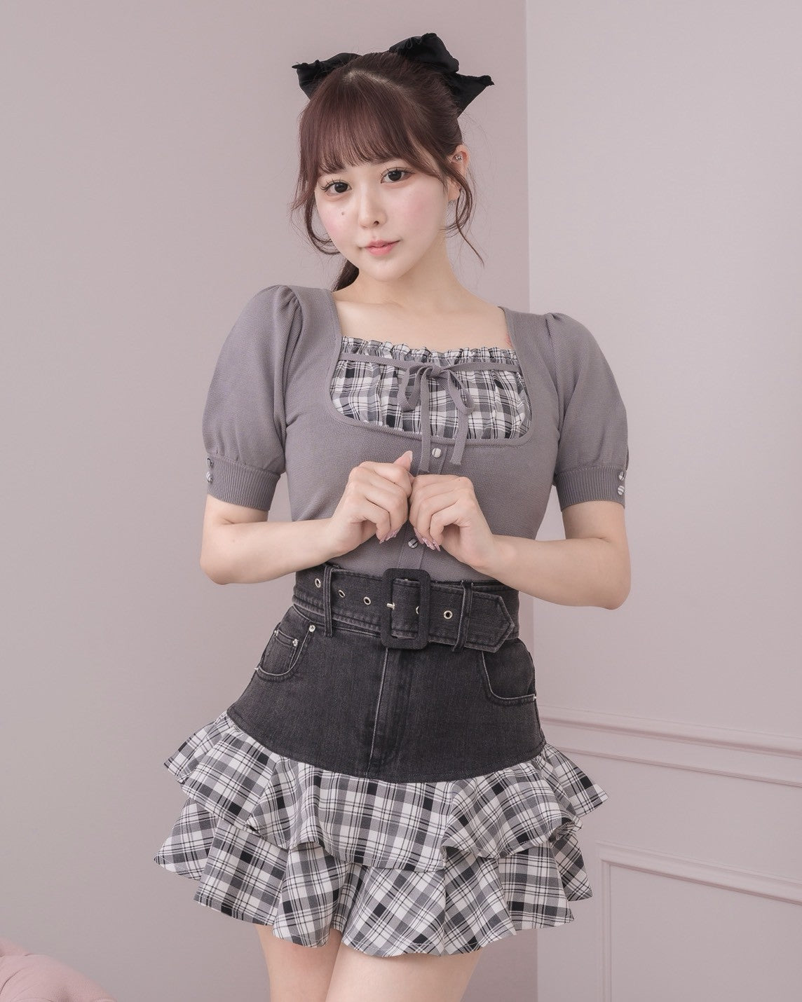 チェックレイヤードフロントリボンニット – pium