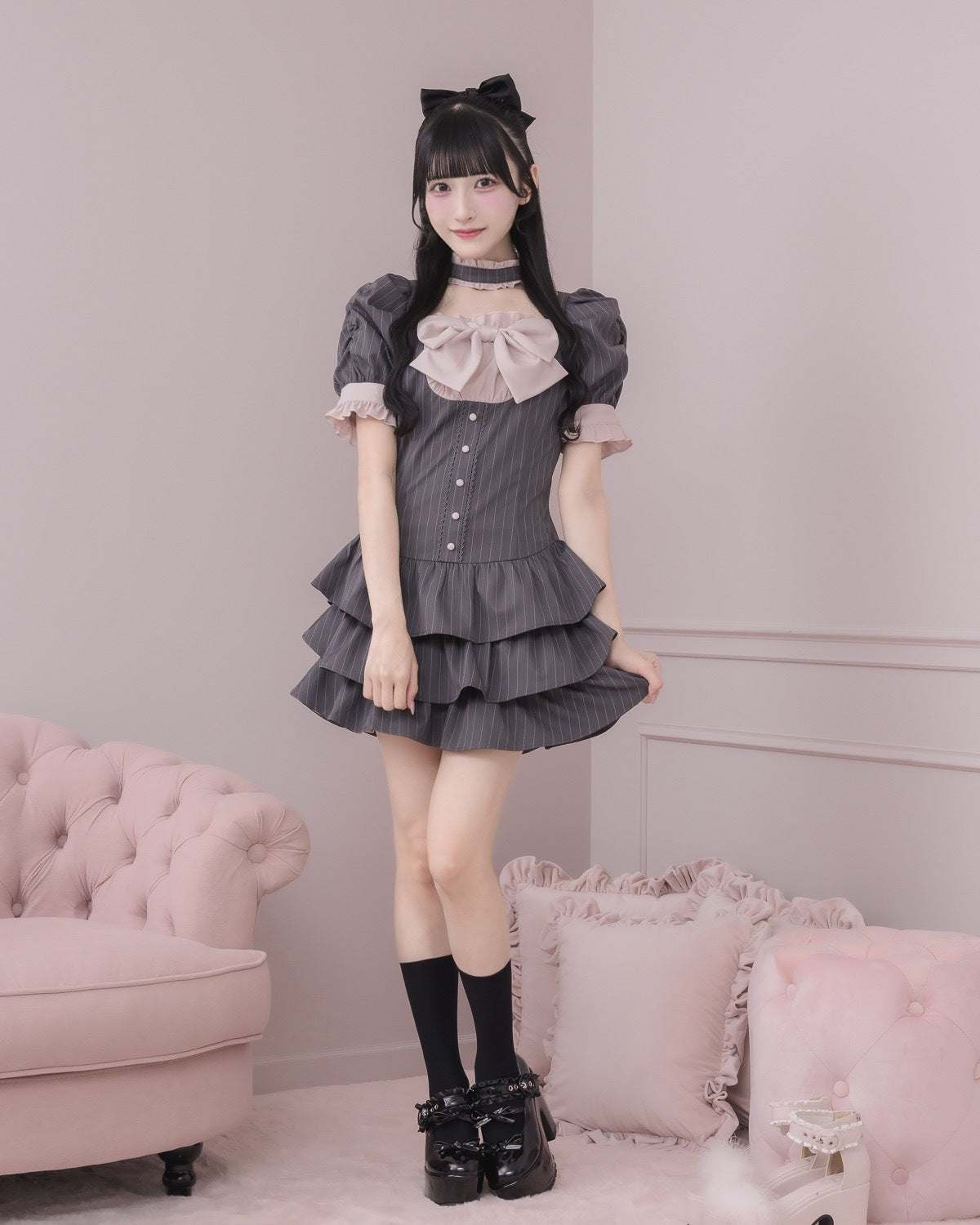 モデル身長：157cm/着用カラー：グレーストライプ