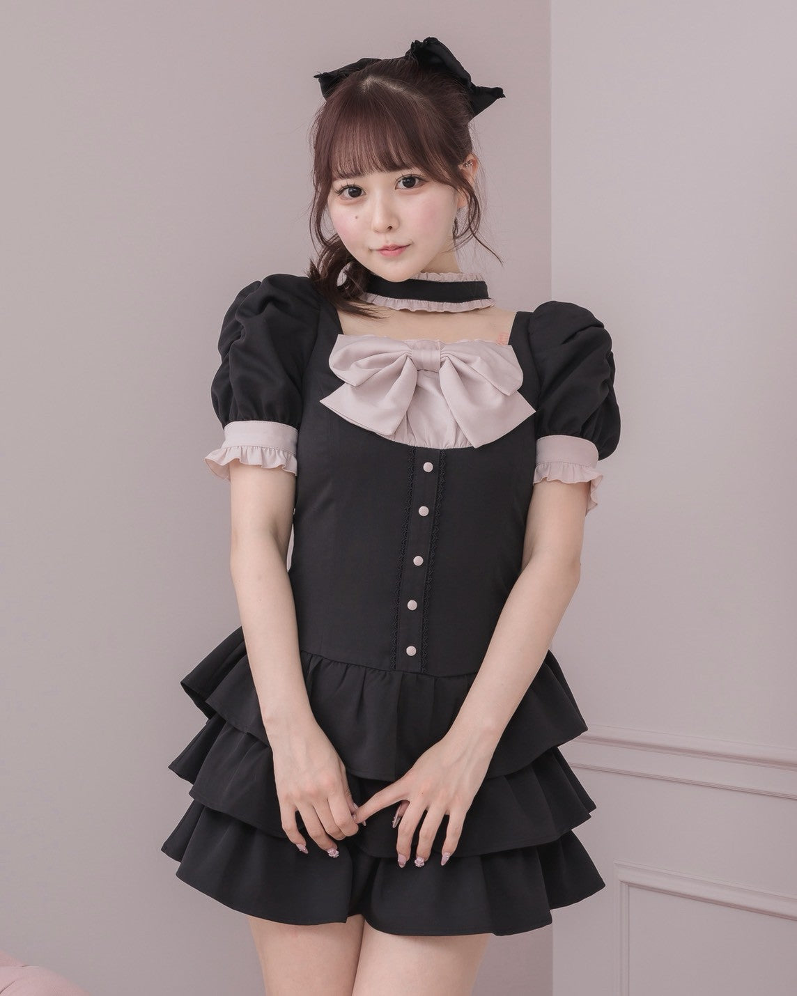 フロントリボンチョーカー半袖ワンピース – pium