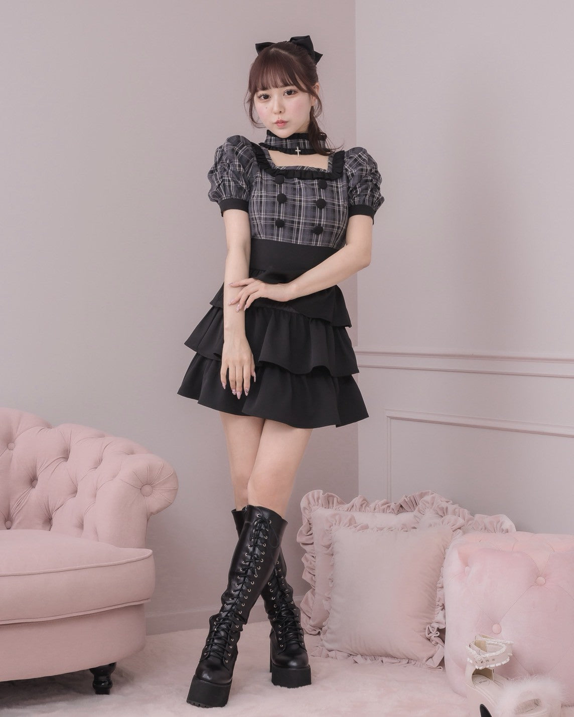 モデル身長：157cm/着用カラー：ブラックチェック