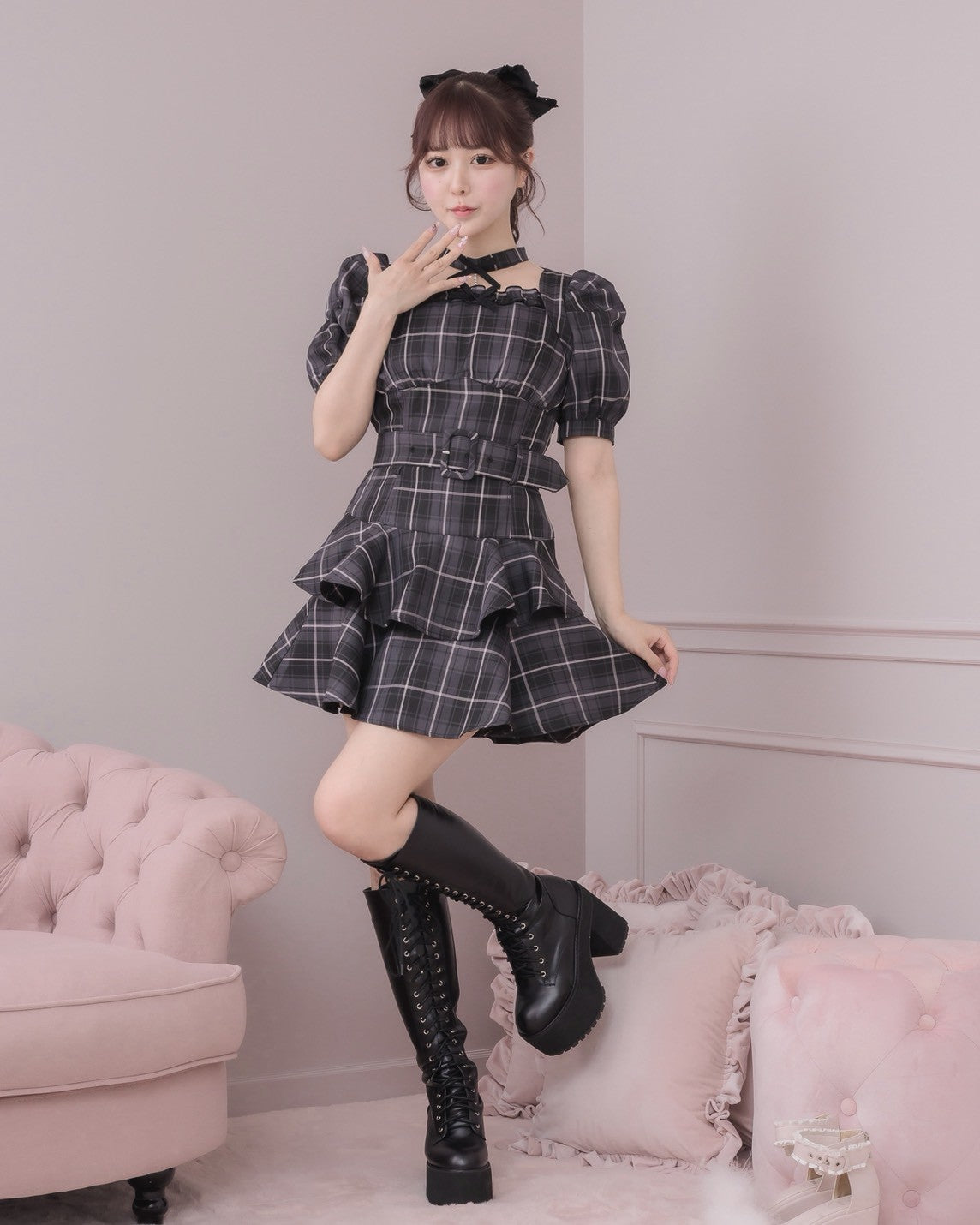 モデル身長：157cm/着用カラー：ブラックチェック