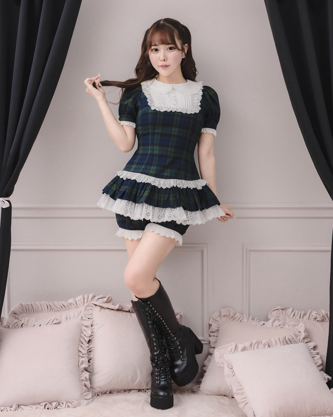モデル身長：157cm/着用カラー : グリーンチェック