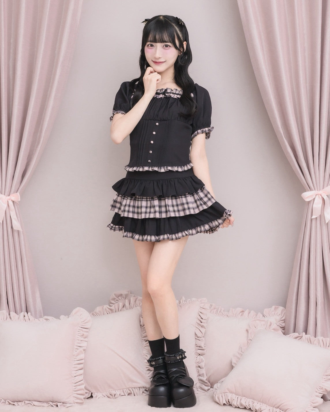 モデル身長：157cm/着用カラー：ピンクチェック
